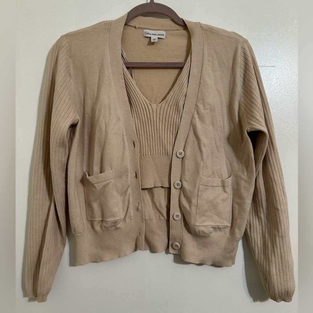 CALVIN KLEIN JEANS Wheat Spaghetti Strap Cropped Tank & Matching Cardigan Set